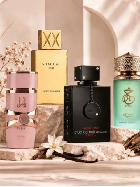 Arabian Aura Instagram: Parfümös üvegek kőtalapzaton, vaníliával